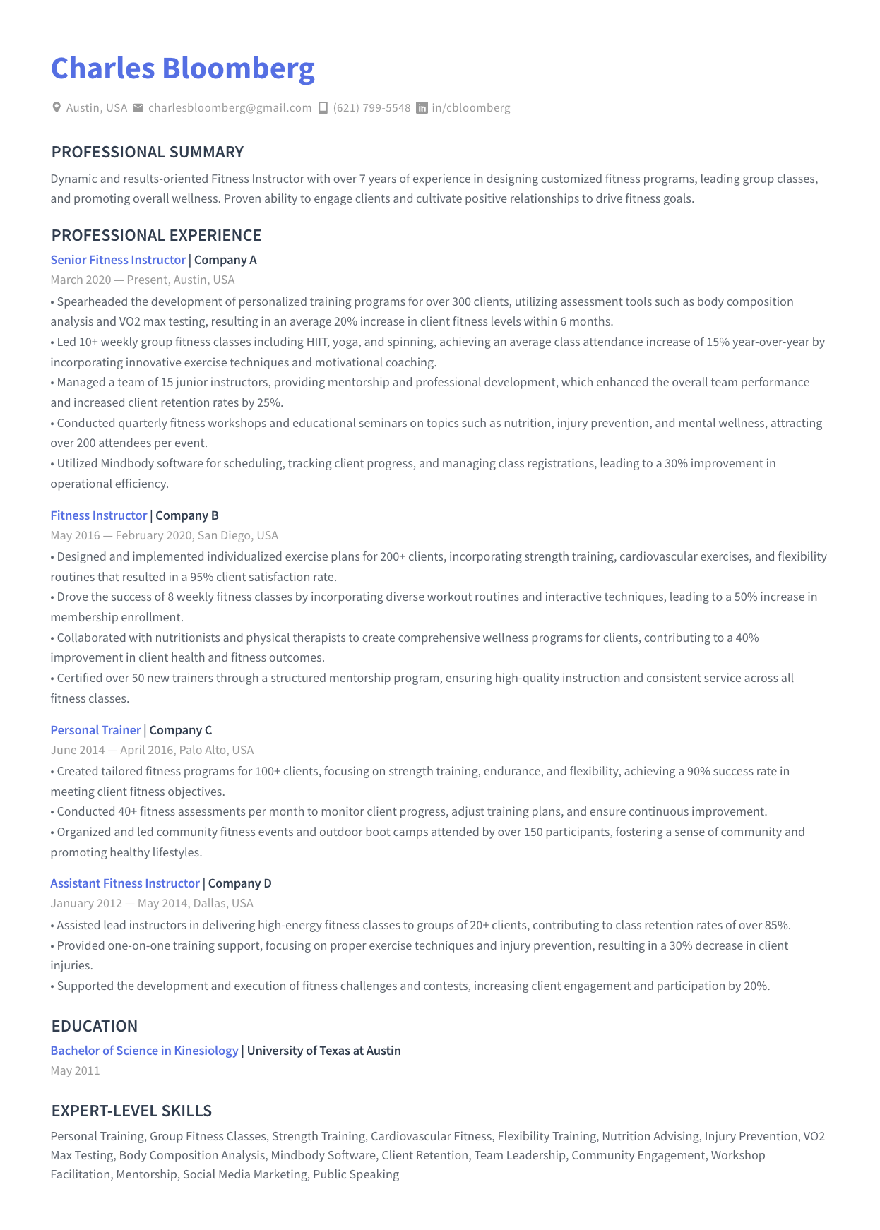 Fitness Instructor Example for 2023 Rezi Ai